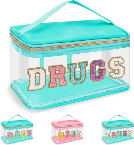Miniatura 10 de Iqimott Bolsa de parche de felpilla con letras MEDS transparente, bolsa de maquillaje portátil de preparación para mujeres y niñas, viajes, bolsa