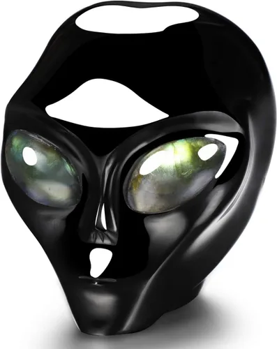 Miniatura 2 de Skullis Estrella de obsidiana negra de 2.0 pulgadas, compañero de calavera de cristal alienígena con ojos de labradorita, escultura de arte fino