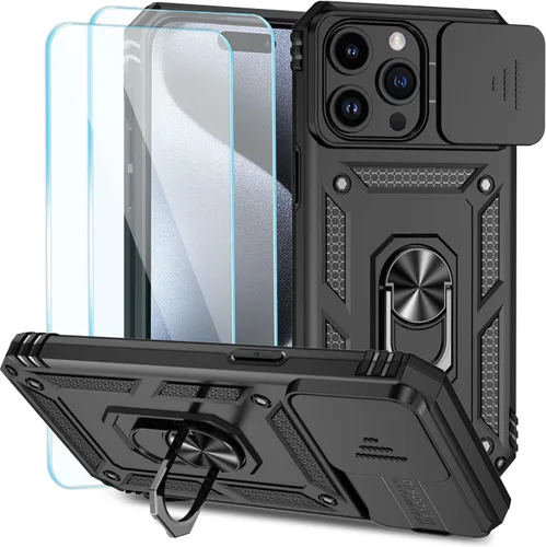 Miniatura 16 de SunStory Funda compatible con iPhone 15 con protector de pantalla HD, cubierta de cámara deslizante y soporte de anillo giratorio, [grado militar]