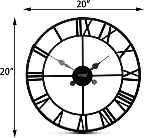 Miniatura 7 de Bernhard Products Reloj de pared extra grande de hierro forjado de metal negro de 20 pulgadas, funciona con pilas, diseño rústico con números