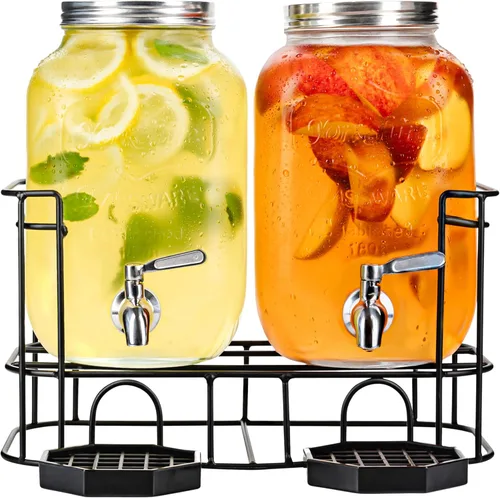 Miniatura 5 de Kitchentoolz Dispensadores de bebidas de vidrio de doble galón con infusor de frutas e inserto de hielo, espitas de acero inoxidable, soporte