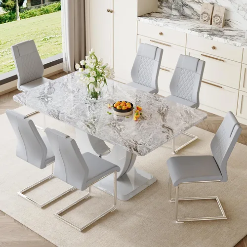 Miniatura 11 de Moderno juego de mesa de cocina y comedor, juego de 6 mesas y sillas con parte superior de mármol sintético, juego de mesa de cocina rectangular