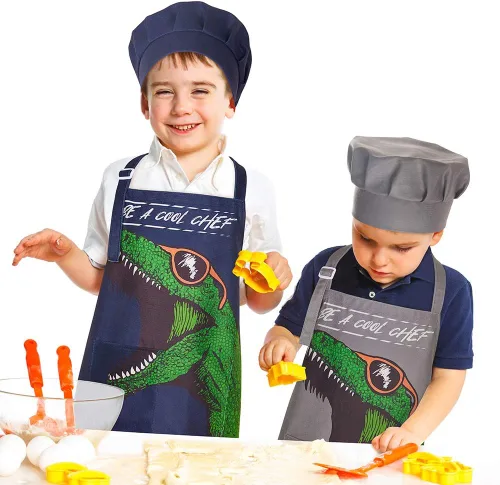 Miniatura 4 de MHJY Delantal infantil y sombrero de chef para niños, delantales ajustables con bolsillos para cocinar, hornear, pintar de 3 a 12 años Gris
