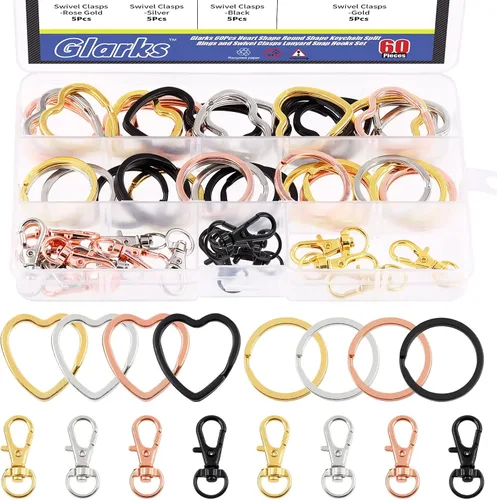 Glarks Juego de 60 llaveros planos, 4 colores creativos en forma de corazón y forma redonda, llaveros divididos con cierres giratorios, gancho a