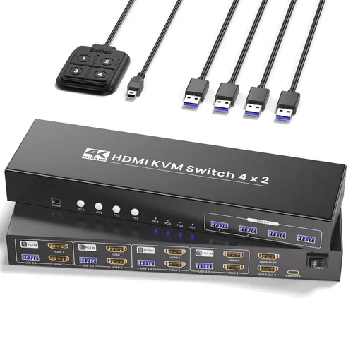 Miniatura 9 de Conmutador KVM HDMI 4K a 60Hz 1 Monitores 4 Computadoras, USB 3.0 4 Puertos HDMI KVM Switch para 4 Computadoras Compartir 1 Juego de Teclado, Ratón