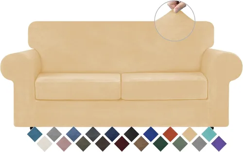 Miniatura 57 de WEERRW 4 Piezas Fundas de Terciopelo de Alta Elasticidad para Sofá de 3 Cojines Fundas de Sofá, Protector de Muebles Lavable con Parte Inferior