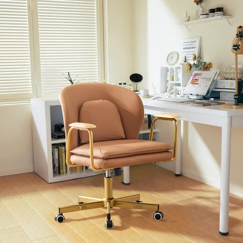 Miniatura 8 de Furniliving Sillas de oficina de cuero, silla de oficina dorada, silla giratoria ajustable para computadora con patas doradas y reposabrazos Marrón