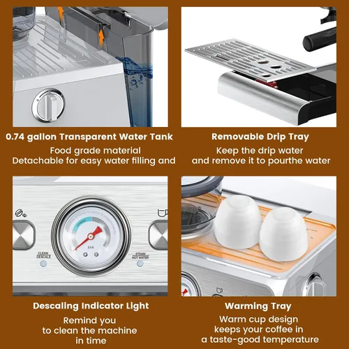 Miniatura 5 de Máquina de café expreso con molinillo integrado, cafetera profesional de 15 barras con espumador de leche, cafetera espresso de acero inoxidable