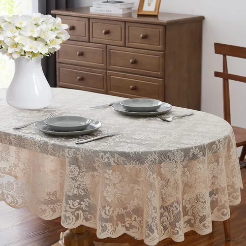 Miniatura 16 de ASATEX Mantel redondo de encaje de lino dorado de 48 pulgadas. El patrón floral clásico y elegante es la elección ideal para cualquier comedor