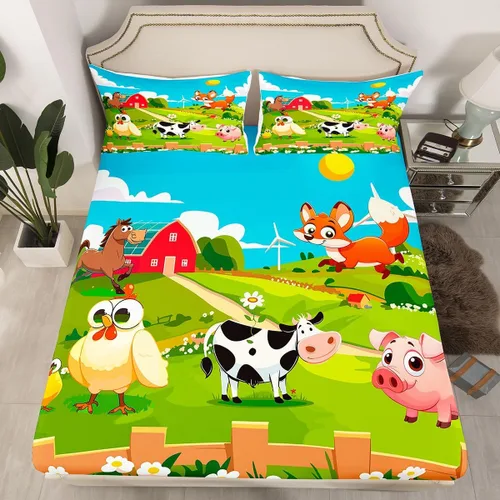 Feelyou Juego de sábanas bajeras de animales de dibujos animados para niños, tamaño individual para niños y niñas, juego de sábanas Happy Farm,