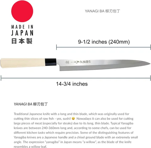 Miniatura 2 de JapanBargain, Cuchillo japonés Yanagiba Sashimi, cuchillo de chef de sushi, acero inoxidable de alto carbono, hoja de 9-1/2 pulgadas, fabricado