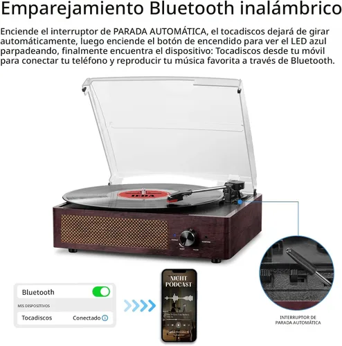 Miniatura 3 de Tocadiscos de vinilo con receptor Bluetooth incorporado y 2 altavoces estéreo, tocadiscos retro portátil de 3 velocidades y 3 tamaños para el Marrón
