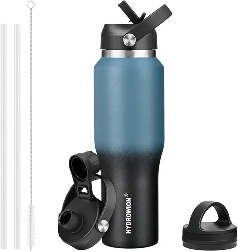 Miniatura 40 de HYDROWION Botella de agua de acero inoxidable, 32 onzas, boca ancha, doble pared, aislada al vacío, con tapa de pajilla, tapa de boquilla y tapa