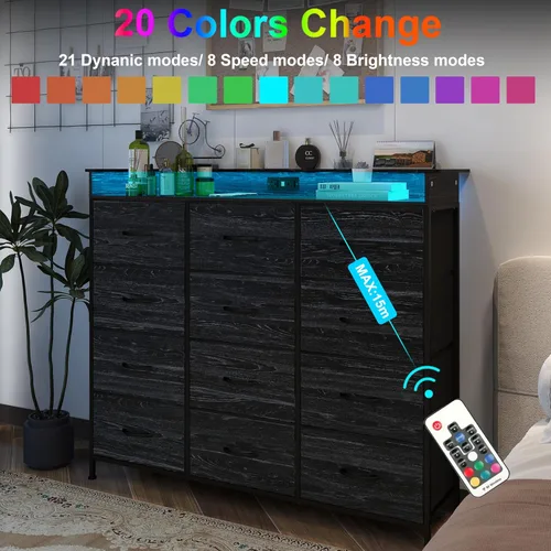 Miniatura 3 de Cómoda negra con luz LED, 12 cajones con estación de carga, cómoda para dormitorio con 12 cajones de tela para dormitorio, pasillo, entrada