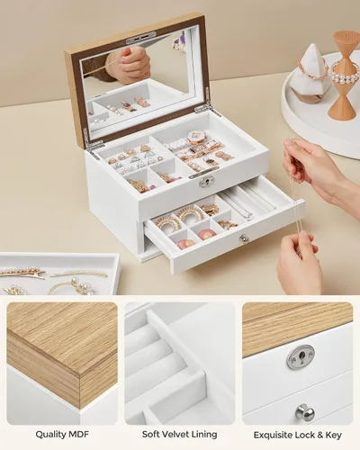 Miniatura 5 de SONGMICS UJOW15WN - Joyero organizador de joyas de 3 niveles con bloqueo y espejo grande 2 cajones idea de regalo para anillos aretes pulseras