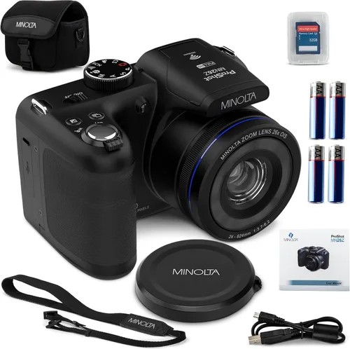 Minolta ProShot - Cámara de 20MP - Lente de zoom óptico de 26x, video HD de 1080p, WiFi, pantalla LCD de 3 pulgadas, estabilización de imagen, Negro