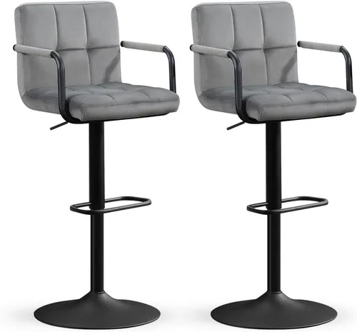 Miniatura 26 de Furniliving Taburetes de bar ajustables con respaldo, juego de 2 taburetes de bar negros, taburetes de bar de terciopelo con giro de 360°, taburetes