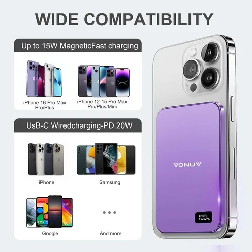Miniatura 5 de Cargador portátil magnético de 5000 mAh, cargador inalámbrico ultra delgado de 15 W, carga rápida para iPhone 17/16/15/14/13/12 Pro/Pro Max/Plus
