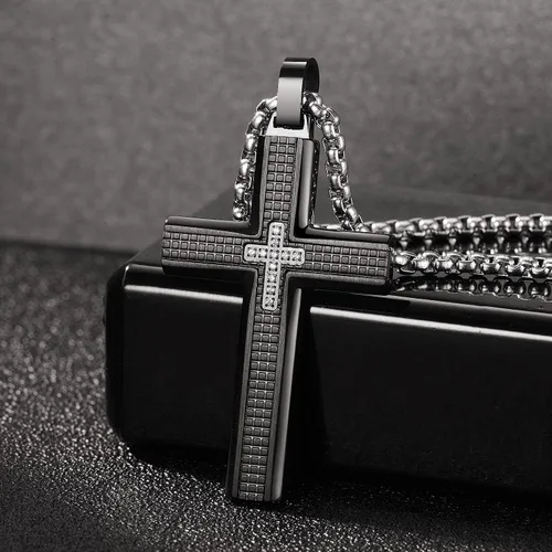 Miniatura 4 de Collar de cruz para hombre, colgante de acero inoxidable 316L, color blanco, dorado, negro, azul, caja de regalo incluida