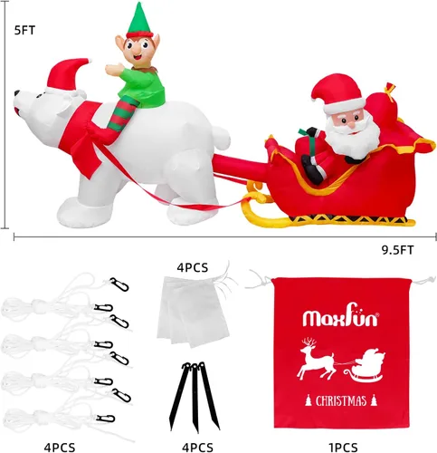 Miniatura 4 de Max Fun - Decoración inflable de Navidad de 2.9 m, Papá Noel en trineo con luces LED integradas, para uso en interiores y exteriores, jardín, césped