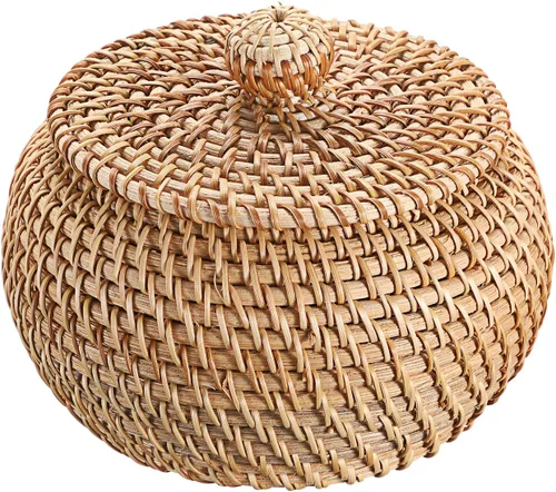 Miniatura 8 de Hipiwe Cajas de Cestas Redondas de Ratán con Tapa Tejidas a Mano, Cestas de Almacenamiento de Mimbre, Contenedor, Cesta Decorativa Multiusos