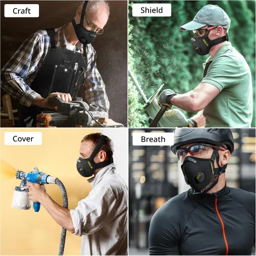 Miniatura 6 de FIGHTECH Máscara antipolvo – 3 tamaños – Mascarilla reutilizable con filtros de carbono y válvulas de aire para carpintería, construcción, mudanza
