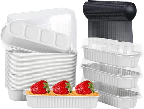 LNYZQUS - Moldes para hornear con tapas, 50 unidades, 6.8 onzas, rectangulares, de papel de aluminio, mini moldes para hornear pasteles, moldes