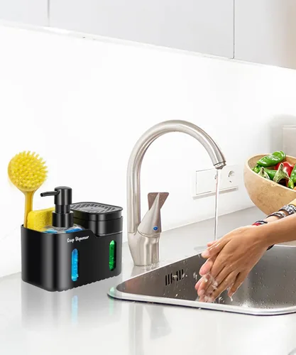 Miniatura 5 de Juego de dispensador de jabón de manos y jabón para platos para cocina, dispensador de jabón doble con soporte para esponja y soporte para paños