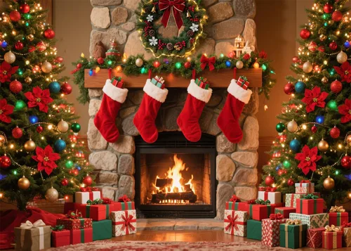Miniatura 12 de Fondo de chimenea de Navidad de 7 x 5 pies, hogar rústico con guirnalda de fondo para decoración de fiestas temáticas de Navidad, vinilo 5-Consulta