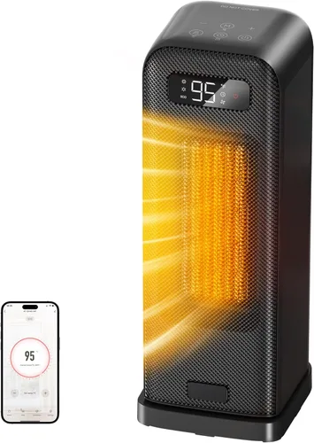 FLANUR Calentador de espacio para dormitorio, calentador eléctrico inteligente con WiFi y control de voz, temporizador de 12 horas, 4 modos, Negro