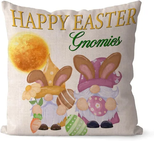 Divertidas fundas de almohada de gnomo de Pascua, huevos de Pascua, zanahorias, divertidas fundas de almohada de 16 x 16 pulgadas, decoración de
