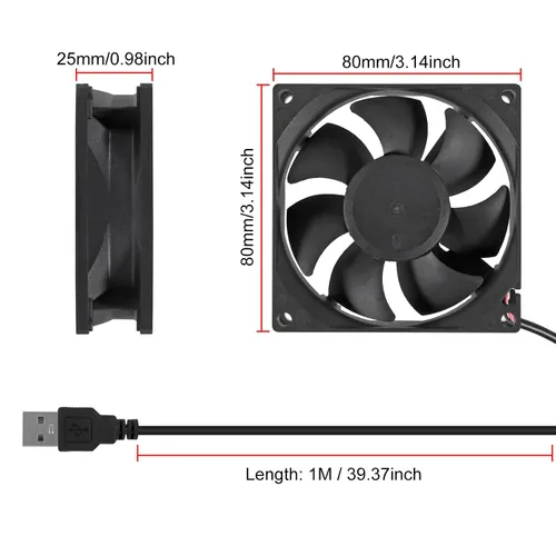 Miniatura 4 de 2 unids USB Fan DC 5V 8025 80MM Ventilador de enfriamiento 3.150x3.150x0.984 in USB Ventilador Comptuter Case CPU Ventilador de refrigeración