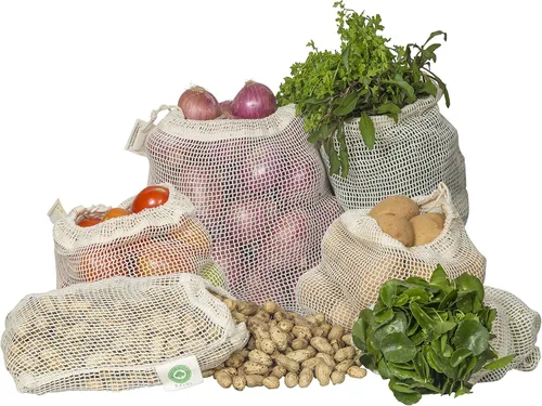 Miniatura 9 de Bolsas reutilizables de malla de algodón para productos – 100% algodón orgánico, duraderas, doble costura, lavables con peso de tara y cordón
