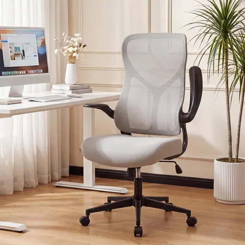 DUMOS Silla de escritorio de oficina en casa, silla ergonómica de malla de respaldo alto con cómodos reposabrazos abatibles, altura ajustable