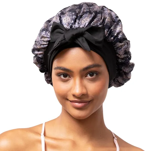Miniatura 8 de Gorro de satén de seda con banda de amarre para dormir, para mujeres de cabello rizado: gorro de noche para cabello liso, ondulado, ensortijado, Rosa