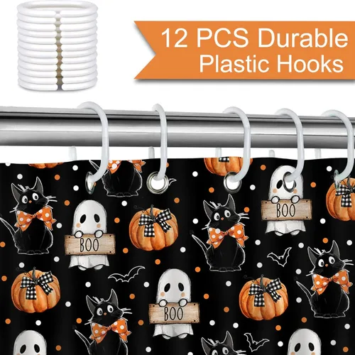 Miniatura 4 de Mocsicka Cortina de ducha de Halloween con dibujos animados, fantasma, lindo gato negro, calabaza, cortina de ducha de baño, cortina de ducha