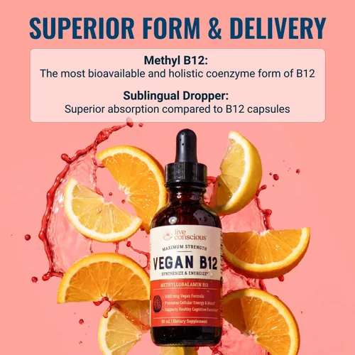 Miniatura 2 de Live Conscious Gotas líquidas sublinguales de vitamina B12 vegana Fórmula de metilcobalamina de B12 de máxima potencia 5000 mcg Vitamina B 12