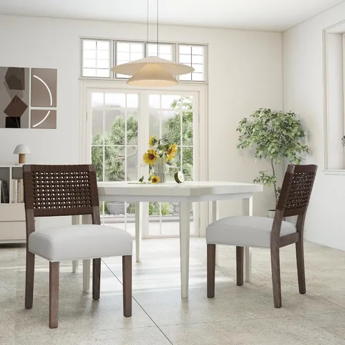 Miniatura 3 de Juego de 2 sillas de comedor de granja, sillas de comedor tapizadas con respaldo tejido a mano, asiento acolchado suave y patas de madera Beige