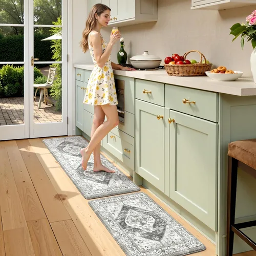 Miniatura 12 de KIMODE - Juego de 2 tapetes de cocina bohemios, antifatiga, antideslizantes, impermeables, ergonómicos, acolchados, cómodos, para lavandería, Caqui