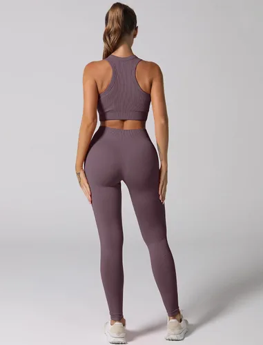 Miniatura 62 de Conjuntos de entrenamiento para mujer, 2 piezas, sin costuras, acanalada, sin mangas, brasier deportivo, cintura alta, pantalones cortos