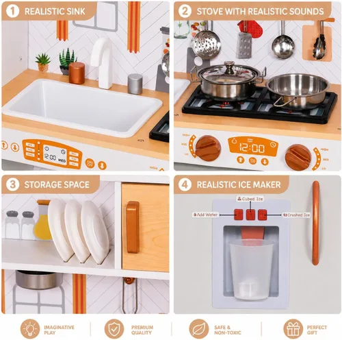 Miniatura 3 de TOUCH US Juego de juguetes de cocina de madera con luz, juego de cocina de juguete de simulación para niños, horno de juguete para fregadero