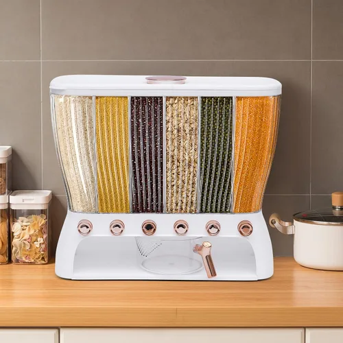 Miniatura 4 de Dispensador de alimentos secos de almacenamiento de arroz de 6 rejillas, dispensador de granos con taza medidora, dispensador de arroz de 22 libras