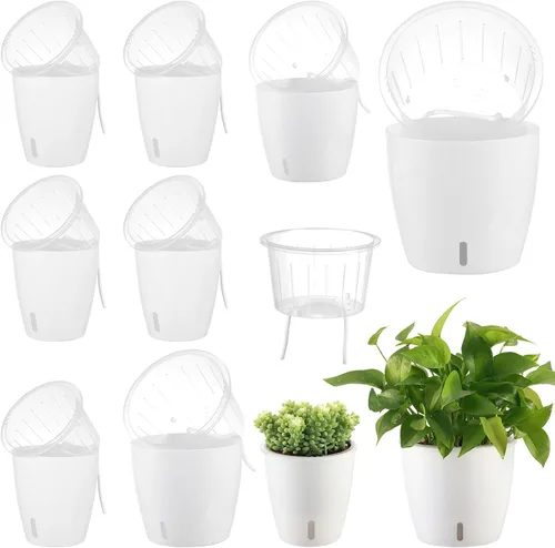 Miniatura 19 de Macetas de riego automático para plantas de interior, paquete de 16 macetas de riego automático con orificios de drenaje, macetas pequeñas