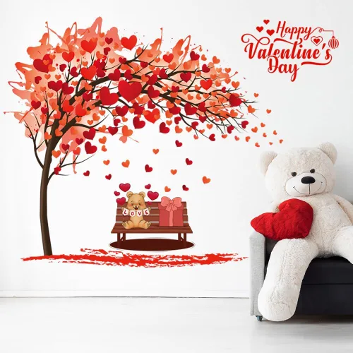 Miniatura 5 de Adhesivo de pared para el día de San Valentín, diseño de árbol de corazón con corazones rojos en 3D, calcomanías de pared para despegar y pegar