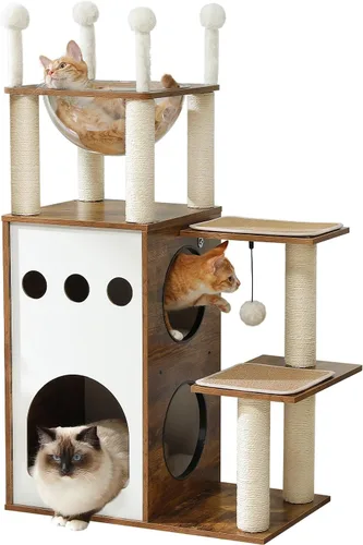 Miniatura 10 de MUTTROS Árbol moderno de madera para gatos de 42.5 pulgadas con condominio de 2 pisos, postes rascadores, nido de cápsulas y bolas colgantes