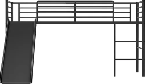 Miniatura 9 de Giantex Cama alta individual con tobogán, litera baja de metal con barandillas de seguridad y escalera integrada, marco de suelo de cama infantil