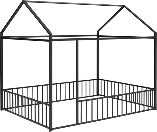 Miniatura 4 de Cama de metal de tamaño matrimonial con valla para niños, adolescentes, niñas, niños, cama de piso de casa, camas Montessori, se puede decorar marco