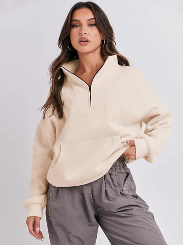 Miniatura 4 de ANRABESS Sudaderas con media cremallera para mujer, sudaderas cortas de gran tamaño, con cremallera de un cuarto, suéter de forro polar, suéter