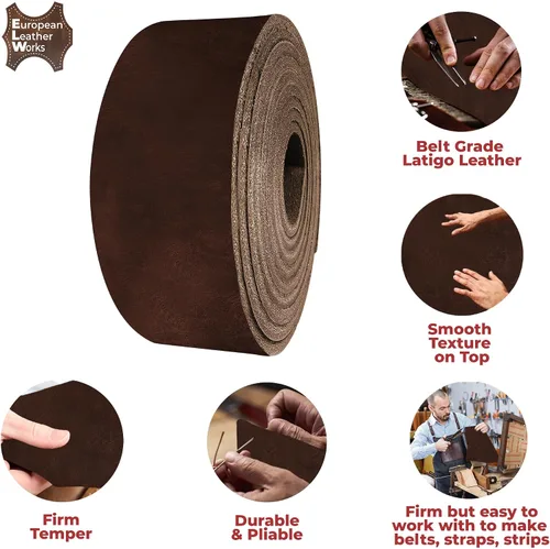 Miniatura 3 de ELW 9-10 oz (3.6-4mm) Correas y Tiras de Cuero Latigo Grado Cinturón Tamaño: 0.5"x50" (1.3x127cm) Marrón Antiguo Cuero de Res de Grano