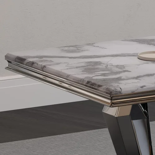 Miniatura 5 de ACEDÉCOR Juego de mesa de comedor para 4, mesa de comedor rectangular de 78 pulgadas con parte superior texturizada gris y base geométrica plateada